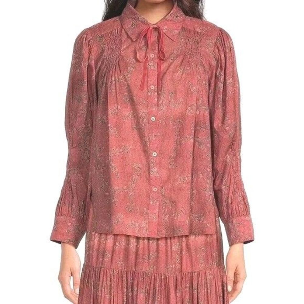 Ros Garden Gin Baltistan Button Up Down Shirt Blouse Womens Size Small Bow Tie